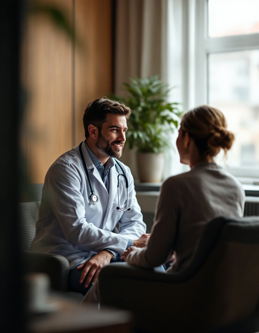 Physician conducting a hands-on clinical consultation with a patient for muscle pain evaluation