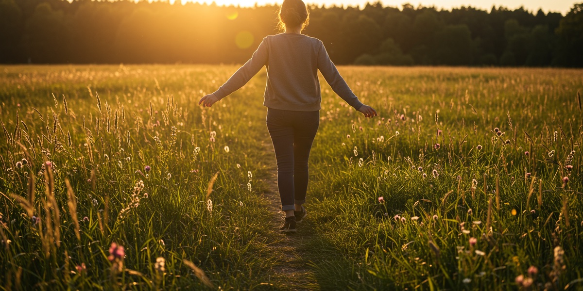 Woman walking freely through a sunlit field after chronic pain recovery — a life reclaimed